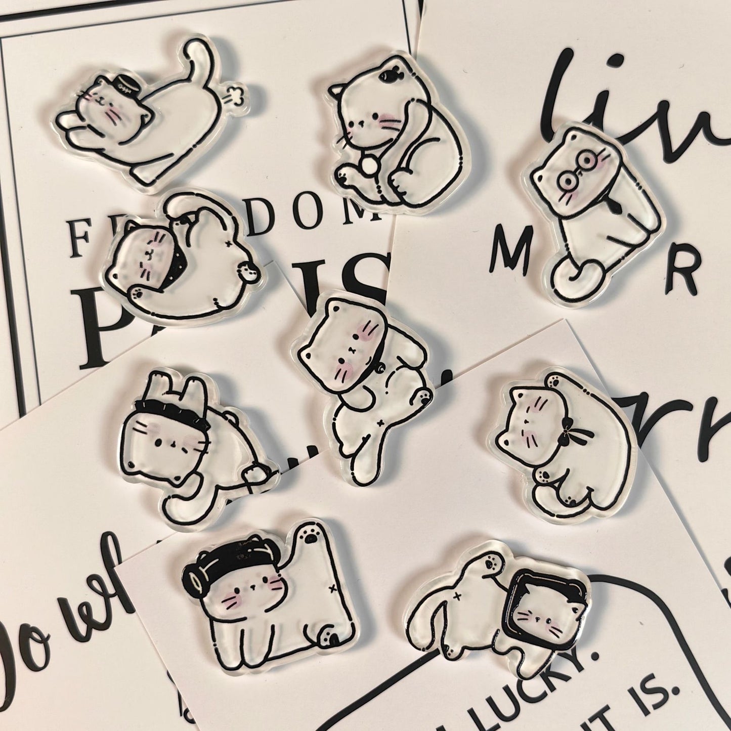 9Pcs Cute Line Drawing White Cat Fridge Magnets Set