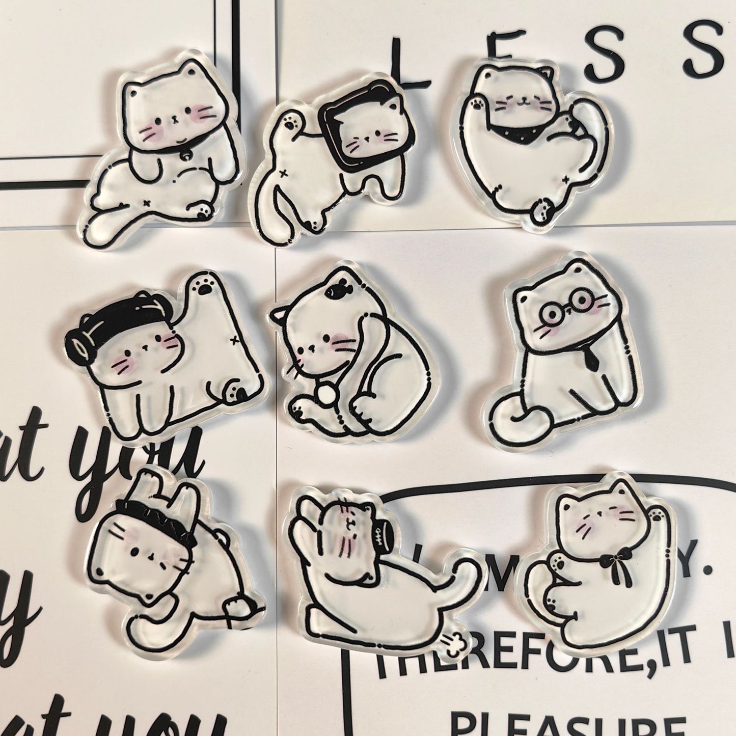 9Pcs Cute Line Drawing White Cat Fridge Magnets Set